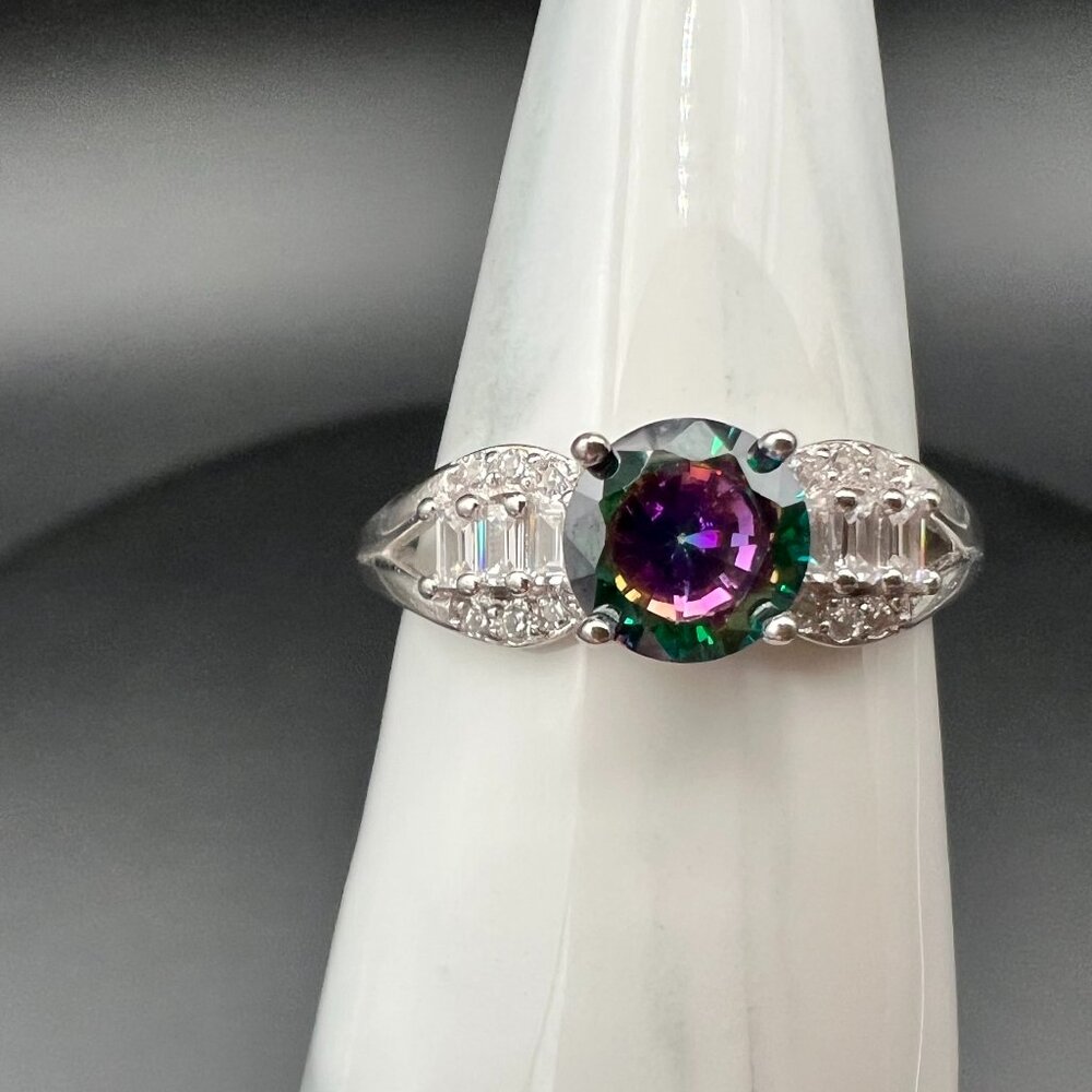 Sterling Silver Mystic Topaz Baguette Halo Ring Size 10